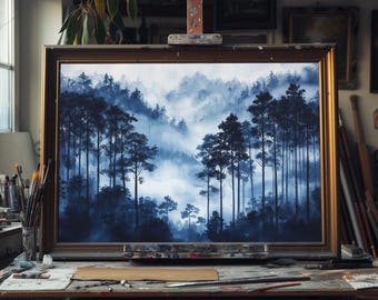 Fine Art Oil Painting of Mist-Filled Forest – Serene Foggy Woodland Landscape, Tranquil Nature Wall Art, Rustic Home Decor, Handmade Canvas