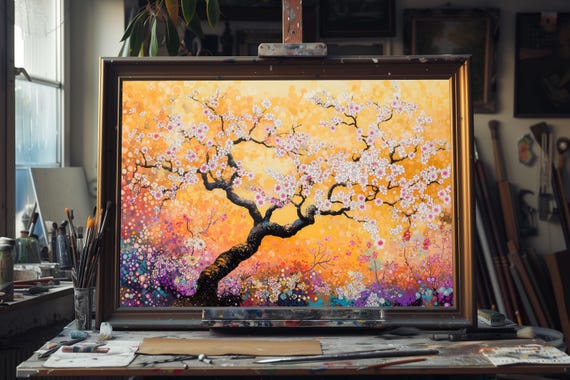 Fine Art Oil Painting Blooming Tree, Vibrant Floral Landscape Canvas Art, Serene Nature Wall Decor, Spring Blossom Artwork, Rustic Home Art