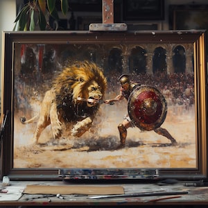 K&ouml;nnte beinhalten: Ein Gem&auml;lde, das einen Gladiator zeigt, der in einer Arena gegen einen L&ouml;wen k&auml;mpft. Der Gladiator tr&auml;gt eine R&uuml;stung und h&auml;lt einen Schild und ein Schwert. Der L&ouml;we st&uuml;rmt mit offenem Maul auf den Gladiator zu.