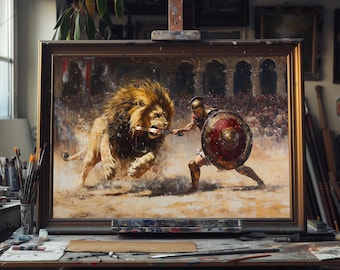 Fine Art Oil Painting Roman Warrior vs Lion, Gladiator Arena Battle Art, Ancient Rome Wall Decor, Hand-Painted Canvas, No-Frame Oil Artwork
