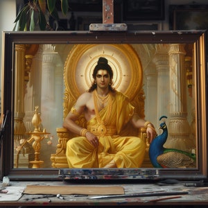 Fine Art Ölgemälde von Hindu Lord Muruga – Göttliches Kartikeya Wandbild, spirituelles indisches Dekor, lebendige religiöse Leinwand, handgefertigtes Kunstwerk