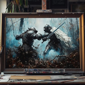 Medieval Knights Battle Oil Painting, Hand Painted Armored Warrior Canvas, Fierce Knight Combat Wall Art, Historical Battle Gift, Oil Art