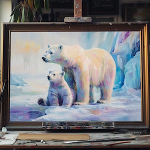 Polar Bear Mother And Cub Painting, Fine Art Oil Painting Arctic Wildlife Portrait, Polar Bear Wall Decor For Nature Lovers, Oil Painting