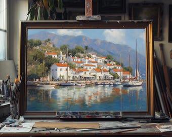 Fine Art Oil Painting Italian Coastal Village, Mediterranean Seaside Canvas Art, Colorful Harbor Wall Decor, Rustic Ocean View Artwork Decor