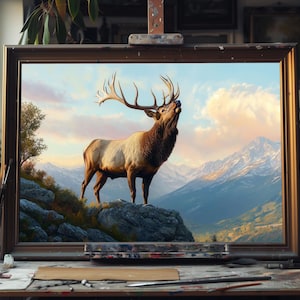 Fine Art Oil Painting Majestic Elk atop Mountain, Hand-Painted Wildlife Landscape on Canvas, Rustic Nature Wall Art for Cabin or Lodge Decor