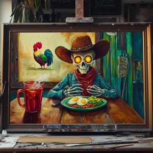 riginal Oil Painting Skeleton Cowboy Enjoy Meal, Hand-Painted Western Skull Art on Canvas, Humorous Rustic Wall Decor for Bar or Man Cave