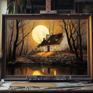 Fine Art Full Moon Cottage Oil Painting, Forest Moonlit Landscape Art, Cottagecore Woodland Night Scene, Moody Night Cottage Decor Artwork