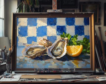 Fine Art Oil Painting Oysters and Lemon, Coastal Kitchen Wall Art, Seafood Still Life Canvas, Nautical Dining Room Decor, Gourmet Shellfish