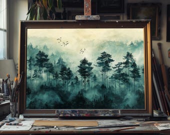 Fine Art Oil Painting of Misty Forest – Serene Foggy Woodland Landscape, Tranquil Nature Wall Art, Rustic Home Decor, Handmade Canvas Art