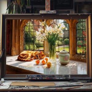 Orange Cat In Window Painting, Fine Art Oil Painting Ginger Cat On Windowsill Cozy Feline Scene, Cat Lover Wall Decor, Oil Painting Artwork