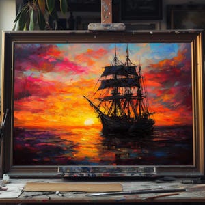 Fine Art Oil Painting of Sailing Ship at Sunset – Nautical Seascape Art, Handmade Canvas, Maritime Wall Decor, Tranquil Ocean Scene, Oil Art