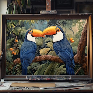 Fine Art Oil Painting of Majestic Toucans – Vibrant Tropical Bird Art, Exotic Jungle Wall Decor, Colorful Wildlife Canvas, Handmade Artwork