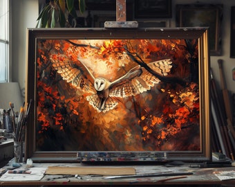 Peinture à l'huile d'art Chouette majestueuse, Art animalier nocturne, toile Chouette effraie des cloches, Art déco murale oiseau forestier, Oeuvre d'art inspirée de la nature faite main
