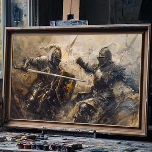 May include: A framed painting depicting two knights in battle, clad in armor and wielding swords. The artwork is rendered in a muted, earthy color palette with dynamic brushstrokes, suggesting a historical or fantasy theme. The painting is displayed on an artist's table.