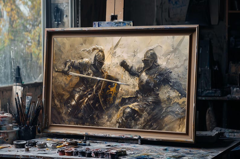 May include: A framed painting depicting two knights in battle, clad in armor and wielding swords. The artwork is rendered in a muted, earthy color palette with dynamic brushstrokes, suggesting a historical or fantasy theme. The painting is displayed on an artist's table.