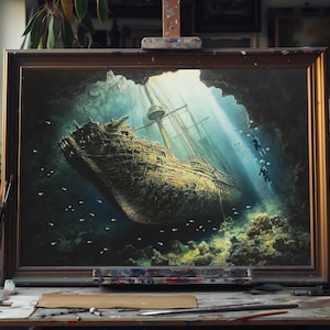 Fine Art Oil Painting Haunting Sail Ship Underwater, Mystical Shipwreck Scene on Canvas, Hand-Painted Nautical Wall Art for Ocean Lovers Art
