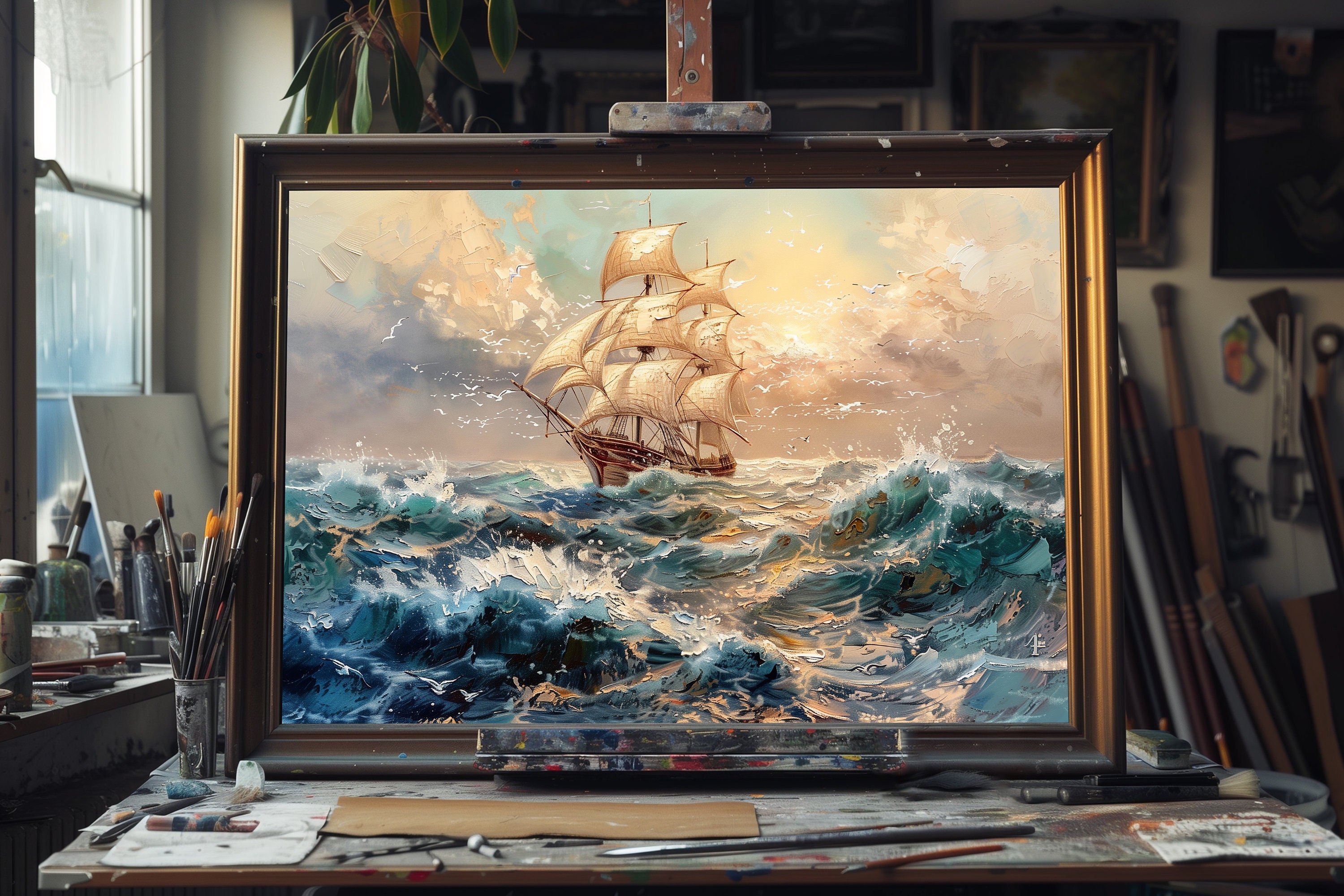 Fine Art Sailing Ship in Storm Oil Painting – Nautical Wall Art