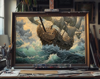 Fine Art Oil Painting Monumental Pirate Ship, Nautical Wall Art, Maritime Decor, Tall Ship Seascape, Unframed Canvas, Hand-Painted Artwork