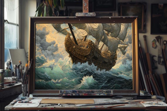 Fine Art Oil Painting Monumental Pirate Ship, Nautical Wall Art, Maritime Decor, Tall Ship Seascape, Unframed Canvas, Hand-Painted Artwork