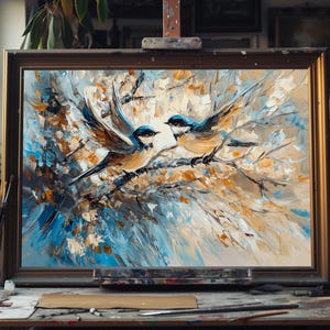 Pintura al óleo de una pareja de pájaros azules: arte mural de agapornis pintado a mano, lienzo romántico con pájaros, decoración de naturaleza serena, idea única para regalar en aniversarios.