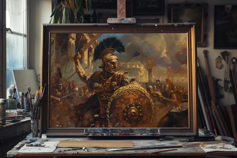 May include: A framed painting of a Roman soldier in battle, with a golden helmet and shield. The artwork is displayed on an easel in an artist's studio, surrounded by brushes and art supplies. The painting depicts a historical scene.