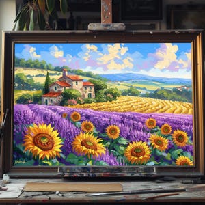 Fine Art Oil Painting Europe Countryside Lavender, Hand-Painted Provence Landscape on Canvas, Rustic Farmhouse Wall Art for Home Decor