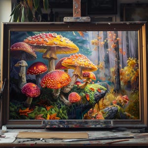 Fine Art Mushroom World Oil Painting – Fantasy Fungi Wall Art, Cottagecore Decor, Whimsical Nature Canvas, Handmade Forest Artwork, Oil Art