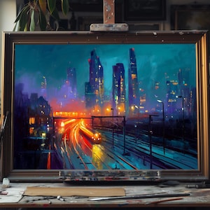 City Skyline at Night Oil Painting, Modern Urban Nightscape Canvas, Hand‑painted Cityscape Wall Art, Neon Lights, Contemporary Decor Artwork