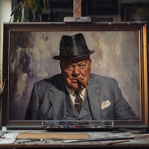 Peut inclure: Un portrait encadré d'un homme en costume gris et chapeau noir, fumant un cigare. La peinture est posée sur une table d'artiste avec des pinceaux et du matériel d'art. L'arrière-plan est un atelier avec une fenêtre et d'autres peintures.