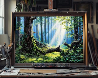 Fine Art Sun Rays Forest Oil Painting, Sunlight Through Trees Landscape, Enchanting Woodland Wall Art, Tranquil Nature Decor, Oil Art Forest