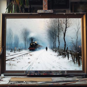 19th Century Steam Locomotive Oil Painting, Hand Painted Vintage Train Canvas, Historical Railway Wall Art, Fine Art Steam Train Gift Art
