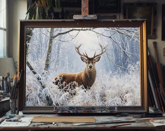 Dipinto ad olio di cervo nella foresta invernale, opera d'arte raffigurante la fauna selvatica del bosco innevato, decorazione da parete di una baita rustica, tela raffigurante la natura invernale serena, dipinto ad olio
