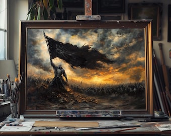 Fine Art Oil Painting of Dark Knight Battlefield at Dawn – Hand-Painted Medieval Warrior Scene, Gothic Fantasy Wall Art, Epic Battle Canvas