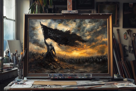 Fine Art Oil Painting of Dark Knight Battlefield at Dawn – Hand-Painted Medieval Warrior Scene, Gothic Fantasy Wall Art, Epic Battle Canvas