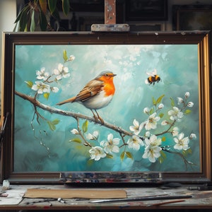 Fine Art Oil Painting Erithacus Rubecula, European Robin Bird Art, Realistic Wildlife Canvas, Handmade Nature Decor, Unique Bird Lover Gift