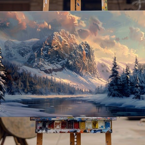 Fine Art Oil Painting of Winter Light Mountain - Hand-Painted Snowy Peak Landscape, Serene Alpine Scene Canvas, Tranquil Nature Wall Art