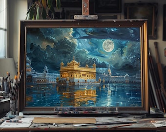Op de afbeelding: Een schilderij van een gouden tempel die wordt weerspiegeld in een stil wateroppervlak onder een volle maan. De lucht is donkerblauw met wolken en sterren.