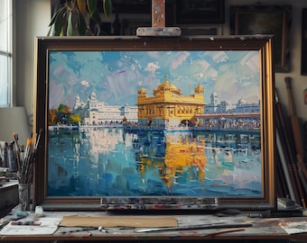 May include: A painting of the Golden Temple in Amritsar, India. The temple is a large, golden building with a reflecting pool in front of it. The painting is done in a loose, impressionistic style with vibrant colors.
