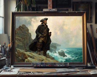 Fine Art Oil Painting Pirate Captain on Windswept Cliff, Dramatic Nautical Wall Art, Hand-Painted Maritime Canvas, Coastal Decor, Unique Art