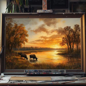 Fine Art Oil Painting Autumn Landscape at Sunset, Golden Fall Trees Canvas Art, Rustic Countryside Wall Decor, Serene Nature-Inspired Art