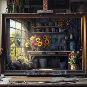 May include: A framed painting depicting a rustic workshop with a window overlooking a garden. The workshop features a wooden workbench, shelves stocked with tools and jars, and a bouquet of sunflowers in a vase. The painting is displayed on an easel in an artist's studio.