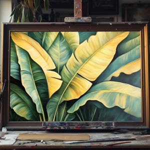 Banana Leaves Oil Painting – Hand-Painted Tropical Wall Art, Green Botanical Canvas, Modern Jungle Decor, Unique Nature-Inspired Home Accent