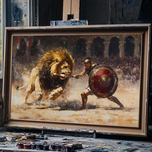 K&ouml;nnte beinhalten: Ein Gem&auml;lde, das einen Gladiator zeigt, der in einer Arena gegen einen L&ouml;wen k&auml;mpft. Der Gladiator tr&auml;gt einen Helm und eine R&uuml;stung und h&auml;lt ein Schwert. Der L&ouml;we br&uuml;llt und hat seine Krallen ausgefahren. Das Gem&auml;lde ist vor dem Hintergrund einer Menschenmenge angesiedelt.