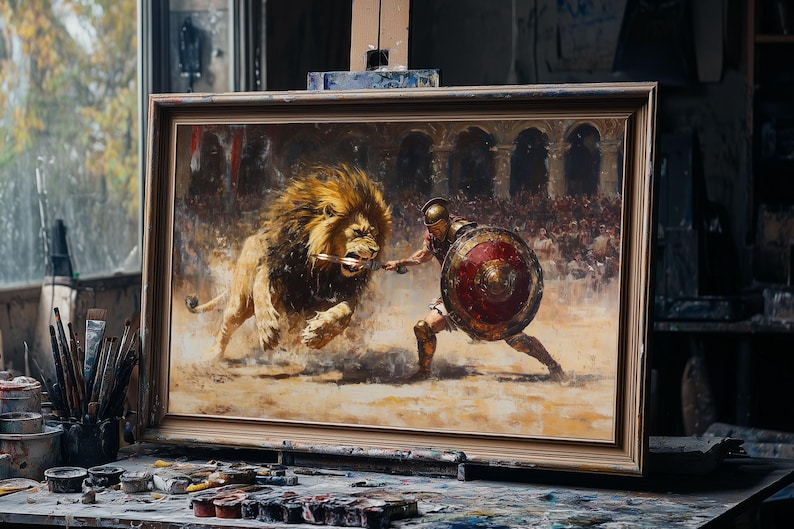 K&ouml;nnte beinhalten: Ein Gem&auml;lde, das einen Gladiator zeigt, der in einer Arena gegen einen L&ouml;wen k&auml;mpft. Der Gladiator tr&auml;gt einen Helm und eine R&uuml;stung und h&auml;lt ein Schwert. Der L&ouml;we br&uuml;llt und hat seine Krallen ausgefahren. Das Gem&auml;lde ist vor dem Hintergrund einer Menschenmenge angesiedelt.