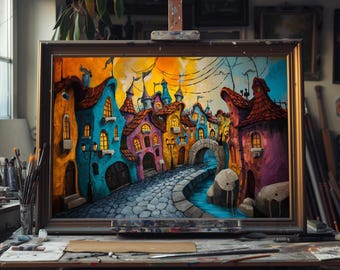 Fine Art Oil Painting Fairy-tale Town, Whimsical Village Scene, Hand-Painted Colorful Architecture, Storybook Landscape Canvas Wall Art