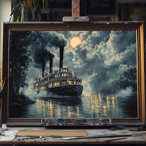 Fine Art Oil Painting of Steamboats – Vintage Riverboat Scene, Nautical Maritime Art, Handmade Canvas, Mississippi Paddlewheel Wall Decor
