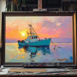 Fine Art Oil Painting of Fishing Boat at Sunset – Serene Coastal Seascape Art, Nautical Wall Decor, Tranquil Ocean Scene, Handmade Canvas
