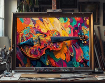 Fine Art Oil Painting Musical Instrument Violin, Hand-Painted Classical Music Still Life on Canvas, Elegant Wall Art for Music Lovers Decor