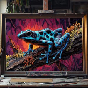 Poison Dart Frog Expressionist Painting, Fine Art Oil Painting Colorful Amphibian Portrait, Tropical Frog Wall Decor For Nature Lovers Art