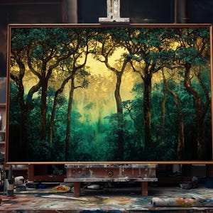 May include: A painting on an easel depicting a forest scene with tall trees and a misty background. The trees are a vibrant green and yellow, creating a sense of depth and mystery.